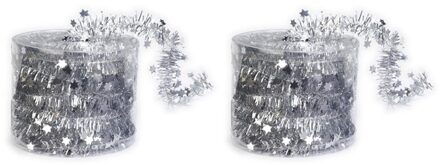 2x Dunne zilveren folie kerstslingers 3,5 x 700 cm