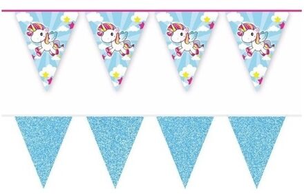 2x Eenhoorns thema vlaggenlijnen print en blauwe glitters kinderfeestje/kinderpartijtje versiering/decoratie - Vlaggenli Multikleur