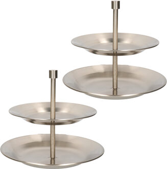 2x Etagere zilver RVS 2-laags 25 cm - Serveerplateaus/etageres - Tafeldecoratie accessoires