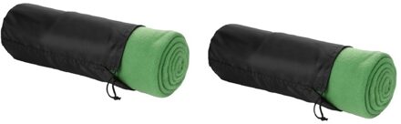 2x Fleece deken groen 150 x 120 cm - reisdeken met tasje