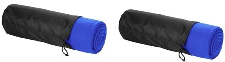 2x Fleece deken kobalt blauw 150 x 120 cm - reisdeken met tasje