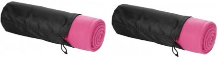 2x Fleece deken roze 150 x 120 cm - reisdeken met tasje