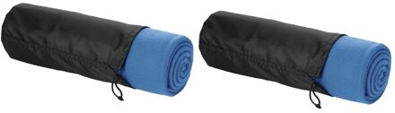 2x Fleece deken zee blauw 150 x 120 cm - reisdeken met tasje