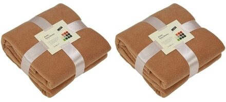 2x Fleece dekens/plaids camel 130 x 170 cm -  Woondeken - Fleecedekens