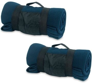 2x Fleece dekens/plaids navy blauw met afneembaar handvat 160 x 130 cm - Woondeken - Fleecedekens