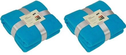 2x Fleece dekens/plaids turquoise 130 x 170 cm - Woondeken - Fleecedekens