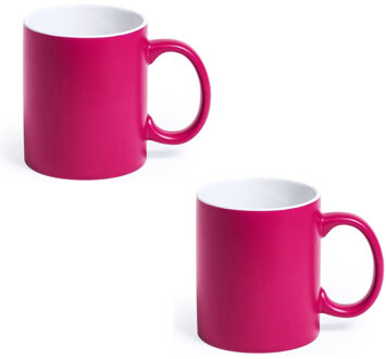 2x Fuchsia/witte drinkbekers/mokken 350 ml - Bekers Roze