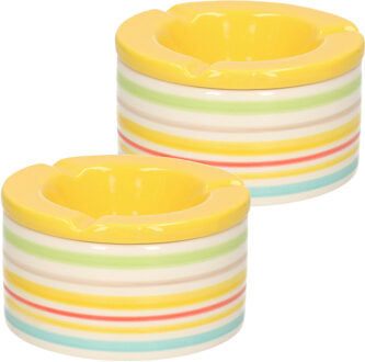 2x Gekleurde terrasasbakken/stormasbakken met geel deksel 12 cm