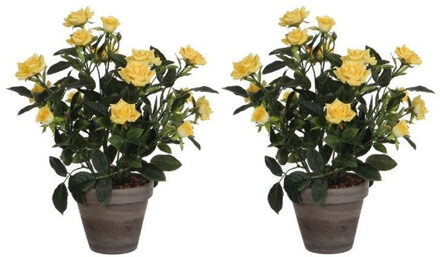2x Gele rozen kunstplanten 33 cm met pot stan grey - Kunstplanten Geel