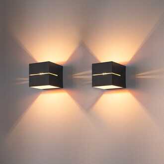 2x Gemini nero oro by LUSENZ - Kubusvormige up and down wandlamp met mat zwarte coating en gouden interieur Mat zwart goud