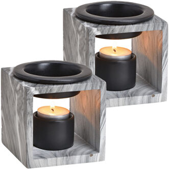 2x Geurbrander voor amberblokjes/geurolie/waxmelts - keramiek - grijs - 10x10x10 cm - marmer look