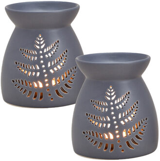 2x Geurbrander voor amberblokjes/geurolie/waxmelts - keramiek - grijs - 11 x 11 x 13 cm - blad patro