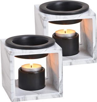 2x Geurbrander voor amberblokjes/geurolie/waxmelts - keramiek - wit - 10x10x10 cm - marmer