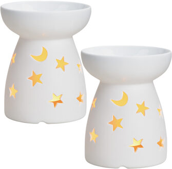 2x Geurbrander voor amberblokjes/geurolie/waxmelts - keramiek - wit - 10x10x11 cm - maan en sterren