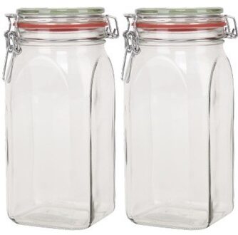 2x Glazen confituren pot/weckpot 1500 ml/1,5 liter met beugelsluiting en rubberen ring - Weckpotten Transparant