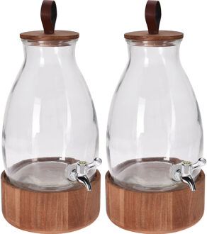 2x Glazen drank dispensers 5,5 liter met houten houder/voet - Keukenbenodigdheden - Zomers/tropisch tuinfeest decoratie - Dranken serveren - Drankdispensers - Dispensers voor o.a. sappen en limonade