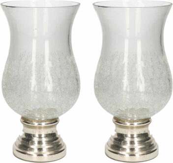 2x Glazen stormlampen/windlichten craquele op zilveren voet 26,5 cm