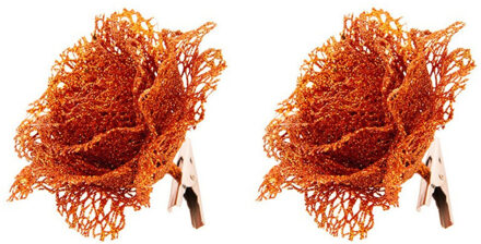 2x Glitter bloemen op clip oranje 10 cm feestversiering - Kunstbloemen