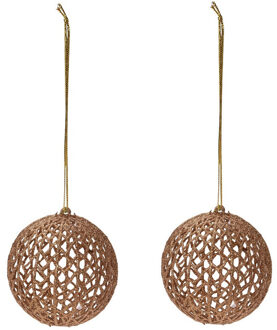 2x Gouden glitter draad/rotan look kerstballen kunststof 9 cm