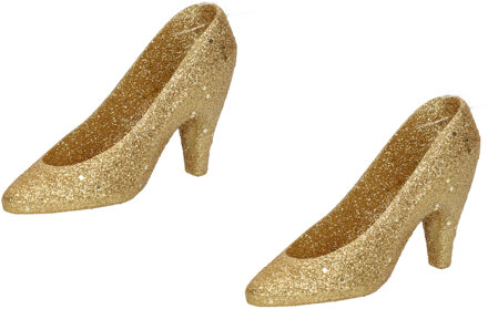 2x Gouden hakken/pumps kersthangers kerstversiering 10 cm - Kersthangers Goudkleurig