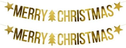 2x Gouden Merry Christmas DIY Kerst banners slingers 20 x 175 cm