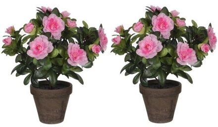 2x groene Azalea kunstplanten met roze bloemen 27 cm met pot stan grey - Kunstplanten