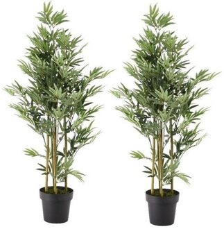 2x Groene bamboe kunstplant 125 cm in zwarte plastic pot - Kunstplanten