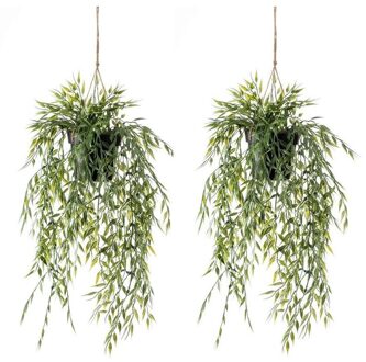 2x Groene bamboe kunstplanten 50 cm met hangpot - Kunstplanten