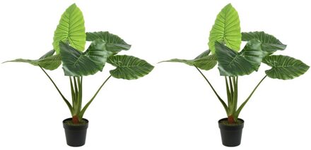 2x Groene Colocasia/taro Kunstplanten 90 Cm In Zwarte Pot - Kunstplanten/nepplanten