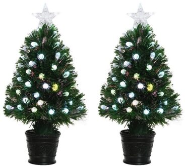 2x Groene glasvezel kunstkerstbomen 90 cm met LED knipperende lampjes - Kunstkerstboom