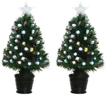 2x Groene glasvezel kunstkerstbomen 90 cm met LED knipperende lampjes