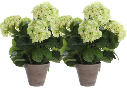 2x Groene hortensia kunstplanten 45 cm met grijze pot - Kunstplanten