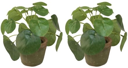 2x Groene kunstplanten pilea planten in pot 13 cm - Kunstplanten