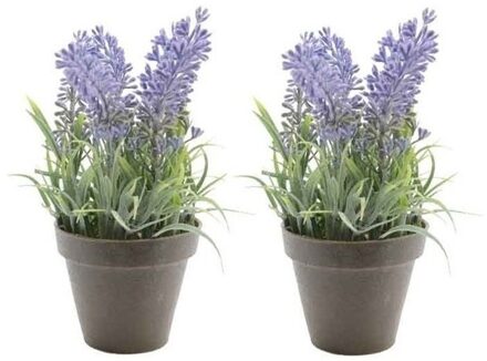 2x Groene Lavandula lavendel kunstplanten 17 cm met zwarte pot - Kunstplanten Paars