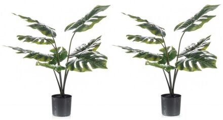 2x Groene Monstera/gatenplanten Kunstplant 60 Cm In Zwarte Pot - Kunstplanten