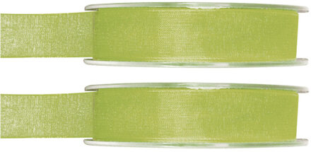 2x Groene organzalint rollen 1,5 cm x 20 meter cadeaulint verpakkingsmateriaal - Cadeaulinten