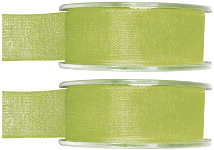 2x Groene organzalint rollen 2,5 cm x 20 meter cadeaulint verpakkingsmateriaal - Cadeaulinten