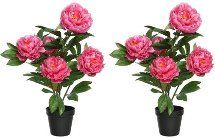 2x Groene/roze pioenroos rozenstruik kunstplanten 57 cm met zwarte pot - Kunstplanten