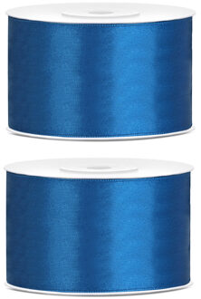 2x Hobby/decoratie blauw satijnen sierlinten 3,8 cm/38 mm x 25 meter - Cadeaulint satijnlint/ribbon - Blauwe linten - Hobbymateriaal benodigdheden - Verpakkingsmaterialen