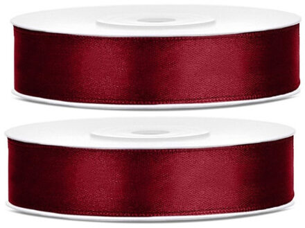 2x Hobby/decoratie bordeaux satijnen sierlinten 1,2 cm/12 mm x 25 meter - Cadeaulinten satijnlinten/ribbons - Bordeaux linten - Hobbymateriaal benodigdheden - Verpakkingsmaterialen