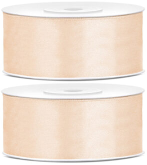 2x Hobby/decoratie creme satijnen sierlinten 2,5 cm/25 mm x 25 meter