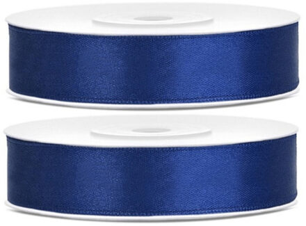 2x Hobby/decoratie donker blauwe satijnen sierlinten 1,2 cm/12 mm x 25 meter - Cadeaulinten satijnlinten/ribbons - Donker blauwe linten - Hobbymateriaal benodigdheden - Verpakkingsmaterialen