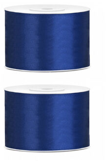 2x Hobby/decoratie donkerblauw satijnen sierlinten 5 cm/50 mm x 25 meter - Cadeaulint satijnlint/ribbon - Donkerblauwe linten - Hobbymateriaal benodigdheden - Verpakkingsmaterialen