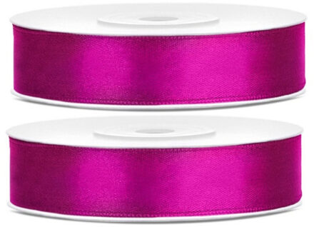 2x Hobby/decoratie fuchsia roze satijnen sierlinten 1,2 cm/12 mm x 25 meter - Cadeaulinten satijnlinten/ribbons - Fuchsia roze linten - Hobbymateriaal benodigdheden - Verpakkingsmaterialen