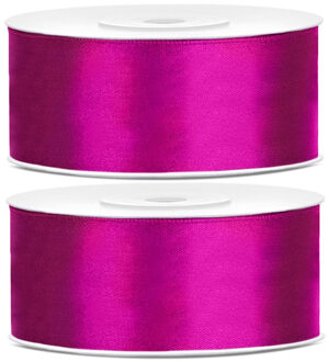 2x Hobby/decoratie fuchsia roze satijnen sierlinten 2,5 cm/25 mm x 25 meter - Cadeaulinten satijnlinten/ribbons- Fuchsia roze linten - Hobbymateriaal benodigdheden - Verpakkingsmaterialen