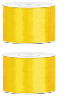 2x Hobby/decoratie geel satijnen sierlinten 5 cm/50 mm x 25 meter - Cadeaulint satijnlint/ribbon - Gele linten - Hobbymateriaal benodigdheden - Verpakkingsmaterialen