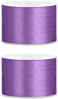 2x Hobby/decoratie lavendel satijnen sierlinten 5 cm/50 mm x 25 meter - Cadeaulint satijnlint/ribbon - Lavendel linten - Hobbymateriaal benodigdheden - Verpakkingsmaterialen