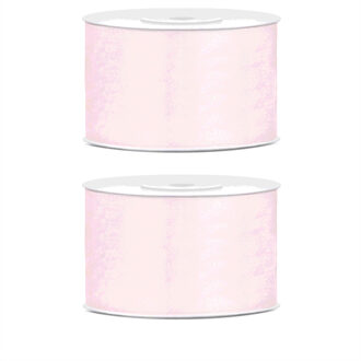 2x Hobby/decoratie licht poeder roze satijnen sierlinten 3,8 cm/38 mm x 25 meter - Cadeaulint satijnlint/ribbon - Licht poeder roze linten - Hobbymateriaal benodigdheden - Verpakkingsmaterialen