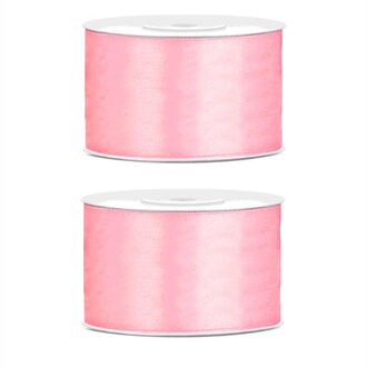 2x Hobby/decoratie licht roze satijnen sierlinten 3,8 cm/38 mm x 25 meter - Cadeaulint satijnlint/ribbon - Licht roze linten - Hobbymateriaal benodigdheden - Verpakkingsmaterialen