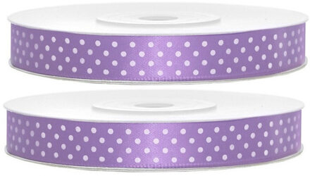 2x Hobby/decoratie lila paarse satijnen sierlinten met witte stippen1,2 cm/12 mm x 25 meter